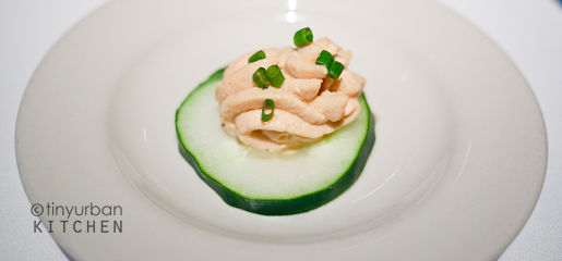 Amuse - salmon mousse with cucumber "chip"