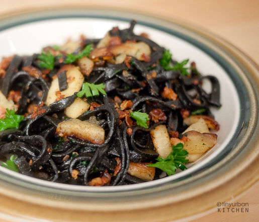 Squid Ink Pasta with Parsnips and Pancetta