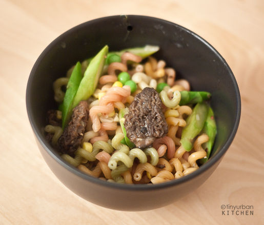 Fusilli with Asparagus, English Peas, Morel Mushrooms, and Corn