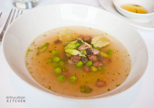 Nettle minestrone… morels, tiny pea ravioli, pesto from RIalto