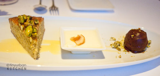 Pistachio olive oil cake… toasted almond panna cotta, chili chocolate sorbet from Rialto