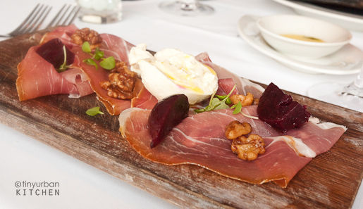 Parma prosciutto… sweet and sour beets, burrata, candied walnuts from Rialto