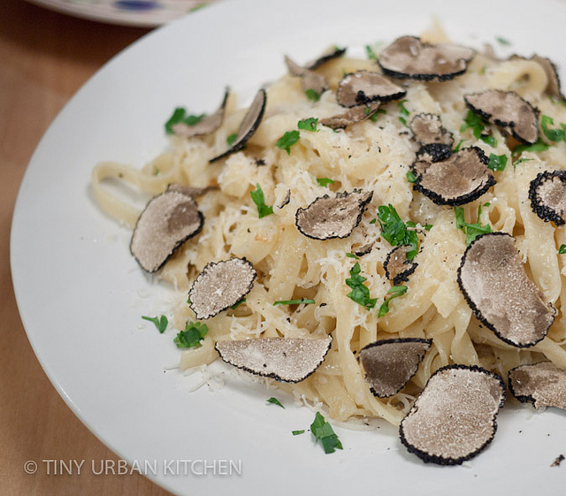 Black truffle pasta with parmesan cheese sauce