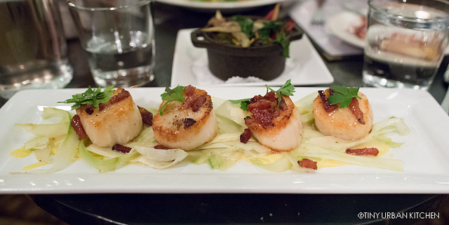 Seared Scallops Corn purée, shaved asparagus and house-cured bacon vinaigrette