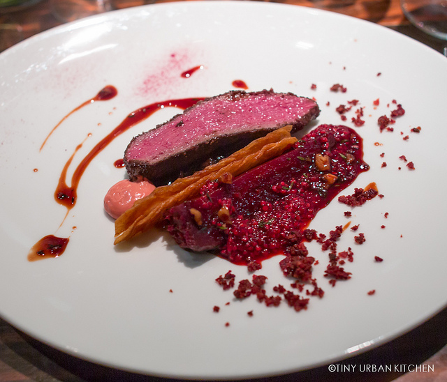 Loin of Roe Deer, Baked Crapaudine Beetroot, Smoked Bacon Puree, Tapioca and Walnuts