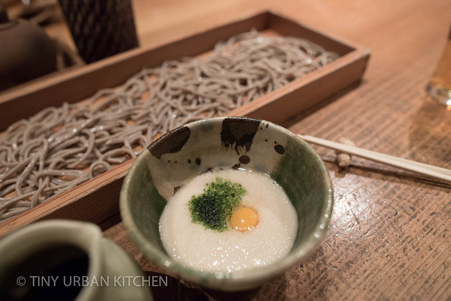 Homemade Soba with quail egg and mountain yam
