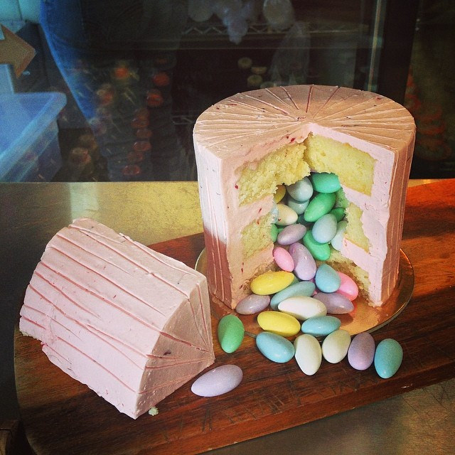 Easter breakfast @crispbakeshop in Sonoma. This cakes spills out eggs when cut - hee hee
