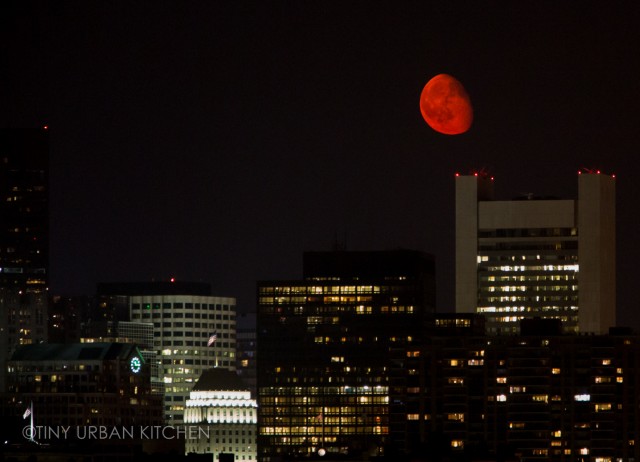 Red moon rising over Boston the night after the fireworks