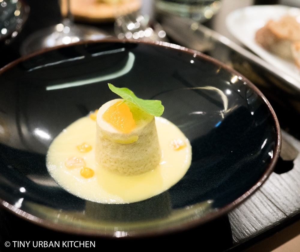 Akrame Hong Kong: Foie gras flan with corn soup and kumquat plus a capsaicin leaf