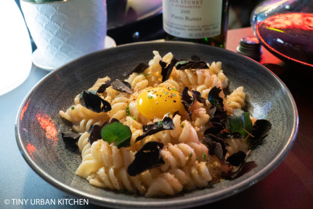 Fusilli with bread crumbs, egg, and black truffles at Fiamma by Enrico Bartolini Hong Kong
