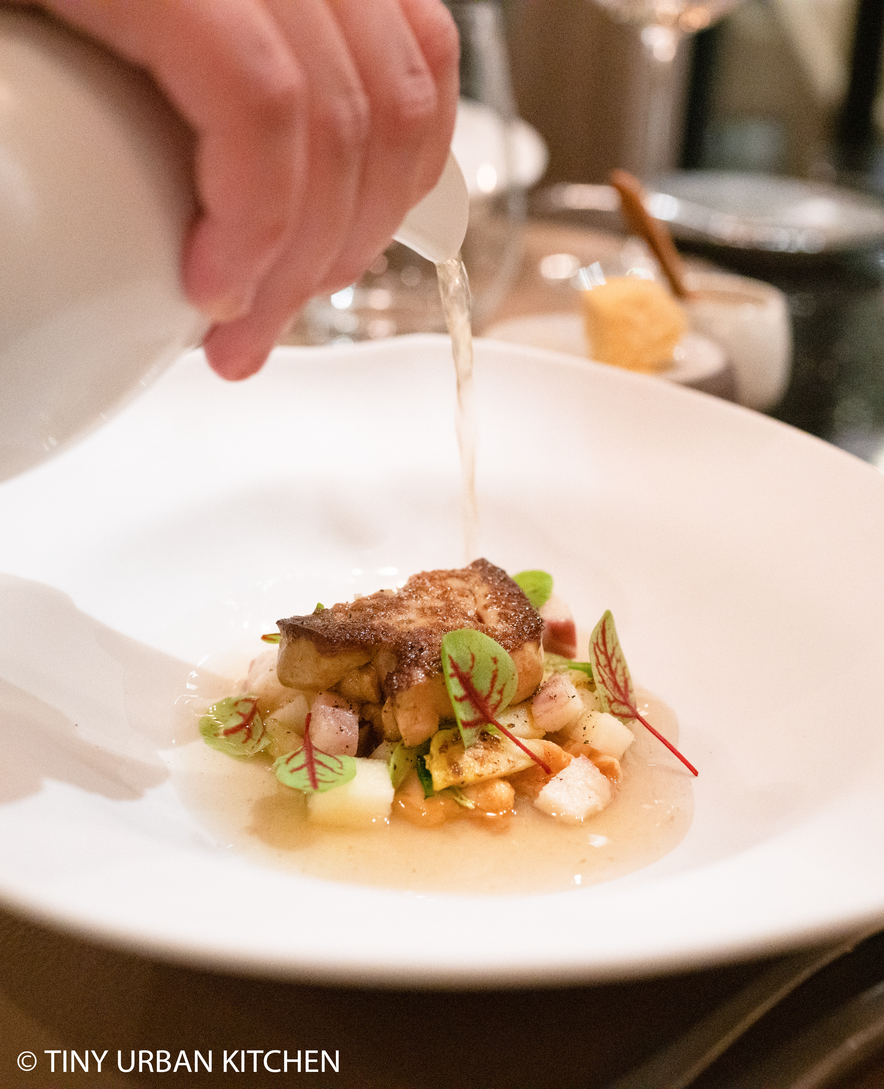 foie gras, apples. cauliflower, brussels, pickled mushrooms, sprouts, fish broth