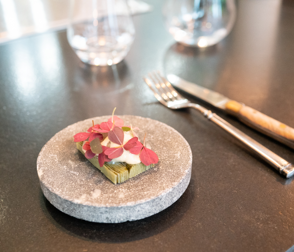 We started with a beautifully layered seaweed tartine, with layer upon layer of paper thin potatoes and seaweed. This was topped with an oyster foam and gelee. The taste of the ocean was the dominant flavor. Overall the dish was visually impressive and had a nice, pleasant flavor.