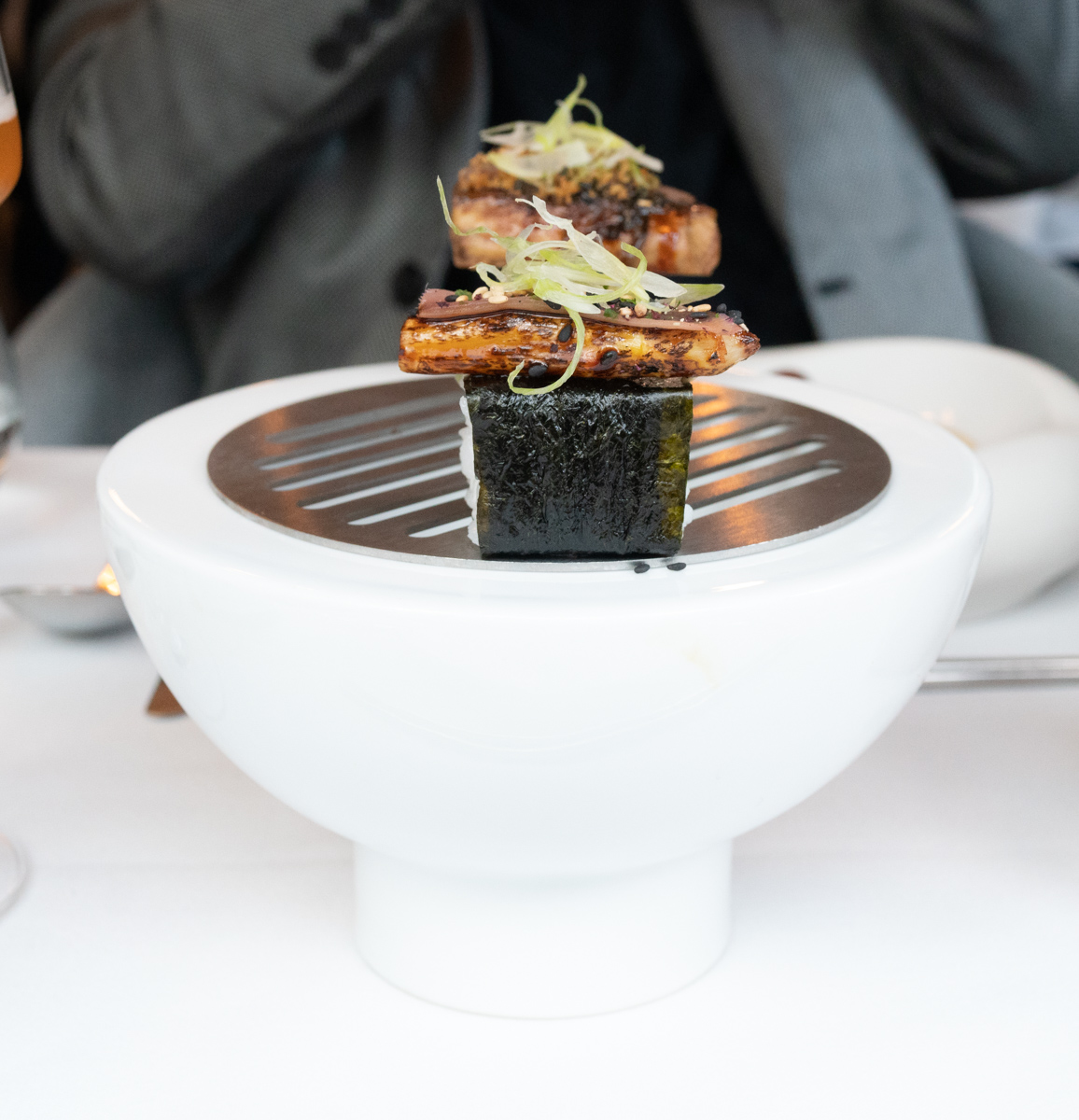 foie gras, crispy seaweed wrapped sushi rice
(Oya better)