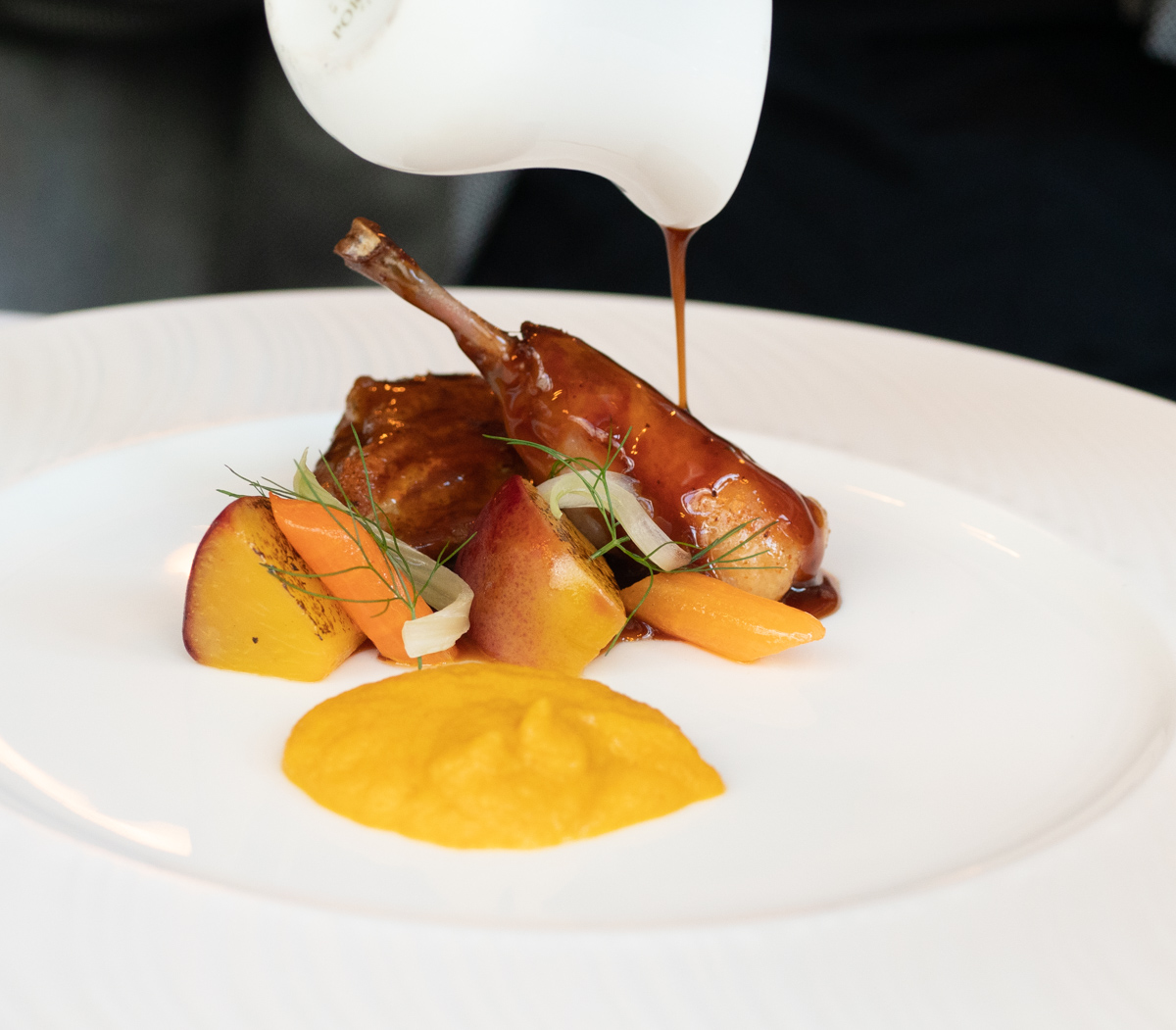 pigeon with grilled peaches, pumpkin, jus
